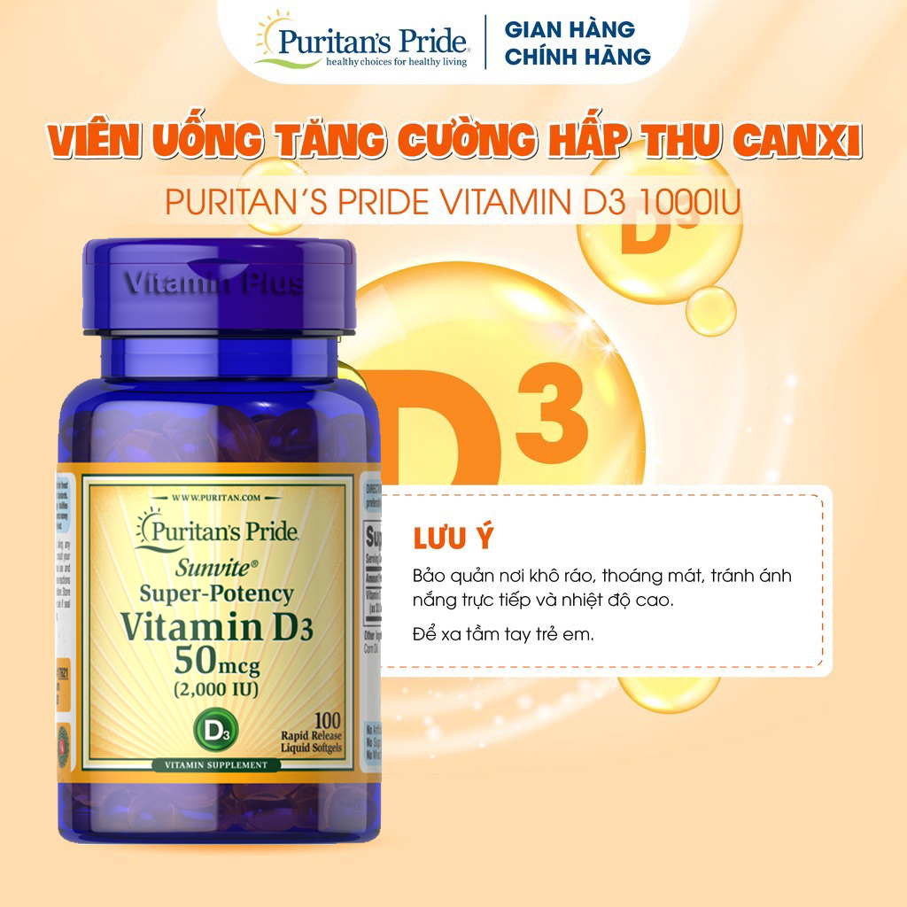 Bổ phổi, tăng hấp thu calcium, đẹp da chống lão hóa Vitamin D3 1000 IU, 100v của Puritan's Pride