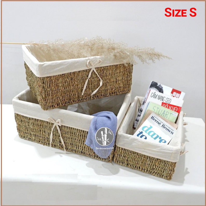 Giỏ mây cói đựng đồ - siêu chắc chắn - giỏ vintage có vải lót có nắp đậy - đựng mỹ phẩm, quần áo đồ dùng trong gia đình - hộp cói đựng đồ tiện dụng - hàng việt nam xuất khẩu