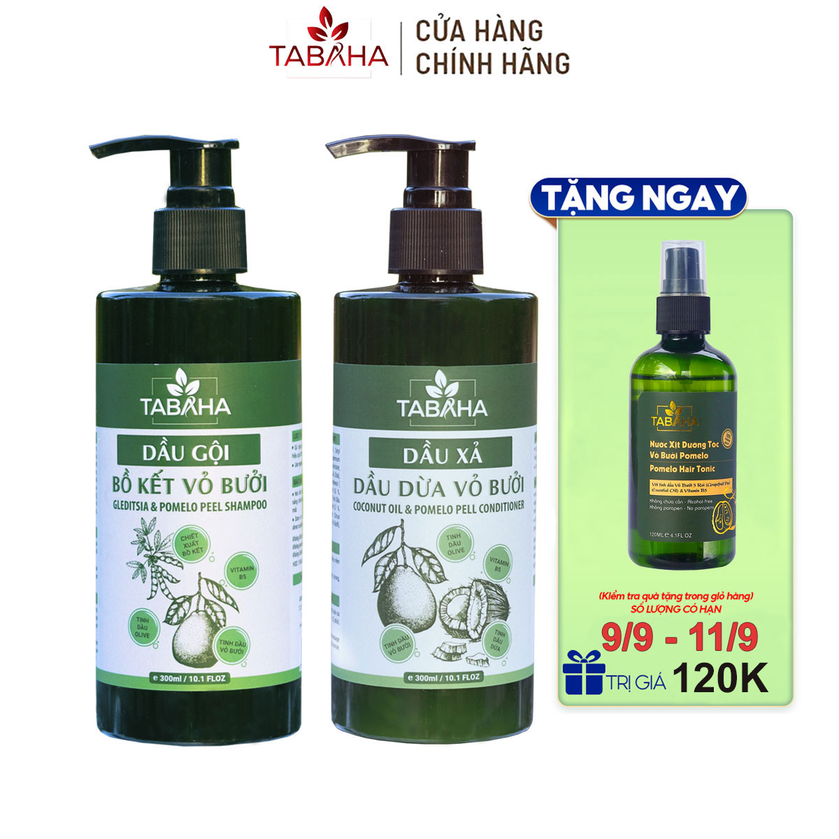 Combo dầu gội dầu xả bồ kết vỏ bưởi và dầu dừa tabaha giúp giảm rụng phục hồi tóc 300ml