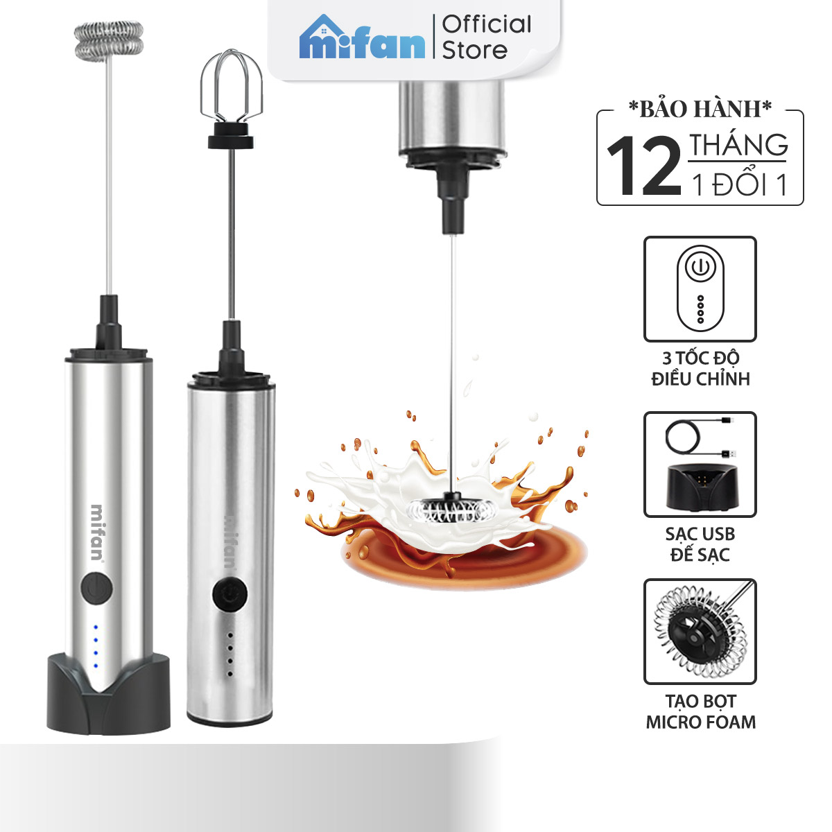  Máy Đánh Bọt Cà Phê Microfoam Mifan MF1501G - 3 Đầu Đa Năng Thép không gỉ Đế sạc USB tiện lợi - Hàng Chính Hãng 