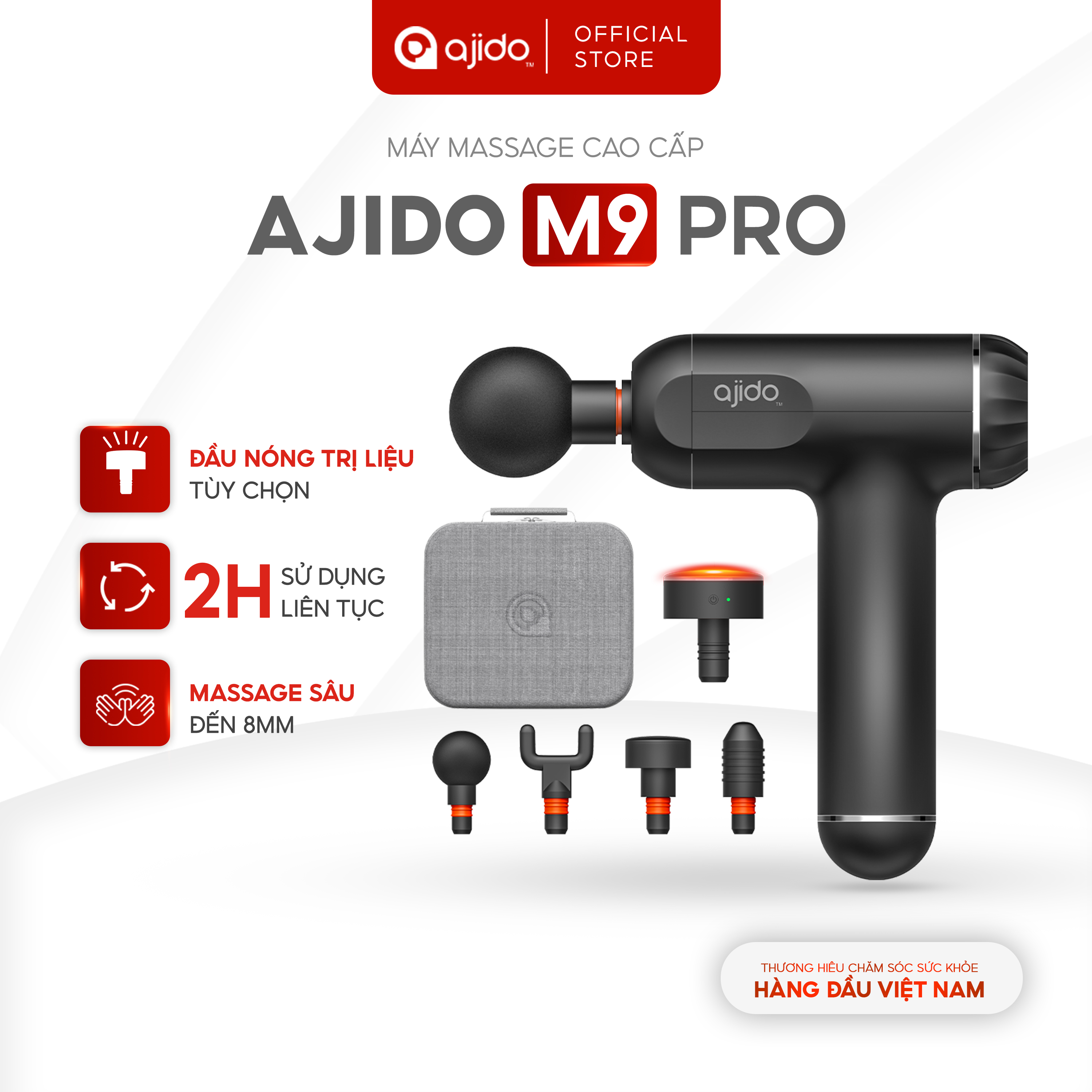 Máy Massage Cầm Tay AJIDO AJ - M9 Pro, 6 Cấp Độ, 4 Đầu Thay Thế - Mát Xa Toàn Thân Giãn Cơ, Đấm Lưng, Cổ Vai Gáy
