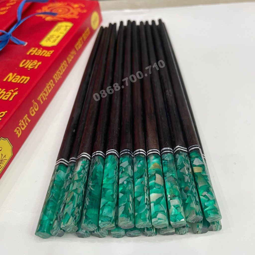 Bộ 10 đôi Đũa ăn gỗ Mun cao cấp đầu tròn gắn trai biển Xanh lá -- đũa ăn cao cấp