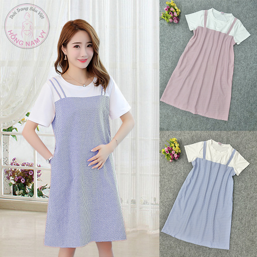 Đầm bầu suông hồng nam vy sọc kate đẹp mát
