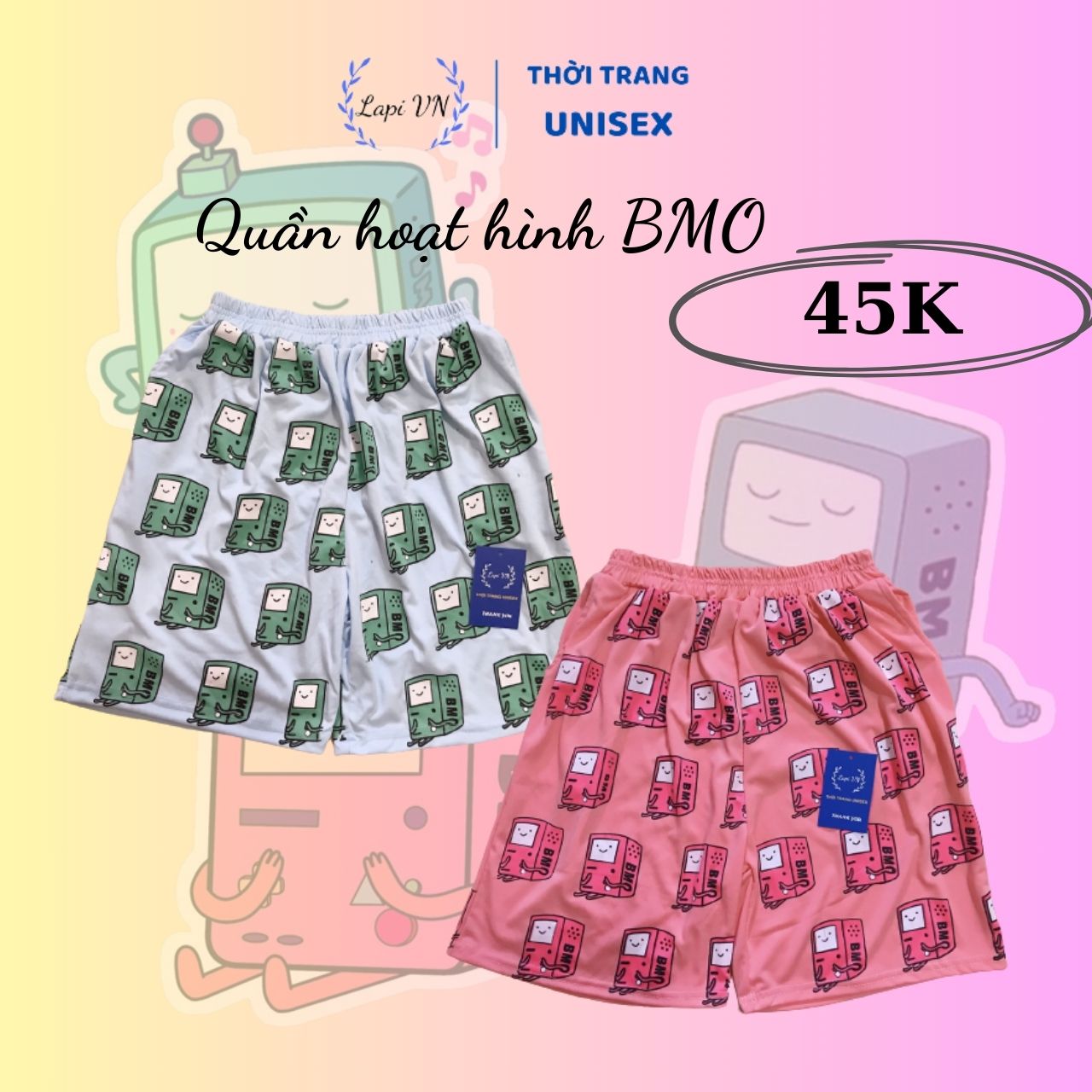 Quần Short Mặc Nhà Unisex In Hình BMO xanh/ hồng -Lapi VN ,FREESIZE Nam Nữ Đều Mặc Được, Thun Thể Thao Thoáng Mát