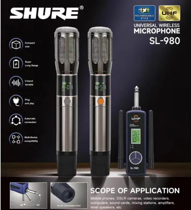 Micro Không Dây Đa Năng SHURE SL980,Tích Hợp Chỉnh Âm Lượng, Bass, Treble, Echo Trên Thân Mic, âm thanh chân thực, Chống Hú Rít, Chống Nhiễu, Thích Hơp Cho Mọi Loa Kéo, Amply