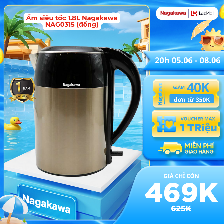 Ấm Siêu Tốc Nagakawa NAG0315 1.8L - Đen, Đỏ, Vàng Đồng