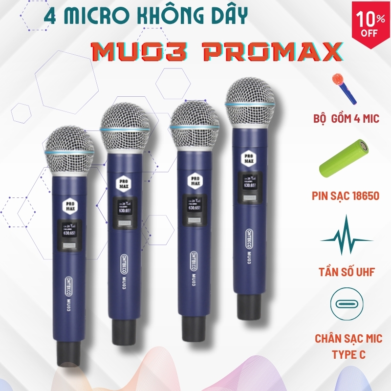 Bộ Micro Karaoke Không Dây Ontekco MU03 Promax (4 mic) Pin sạc| Mu 23 (2mic) Pin sạc UHF Dùng Cho Loa Kéo, Âm Ly, Vang, đẩy đa năng