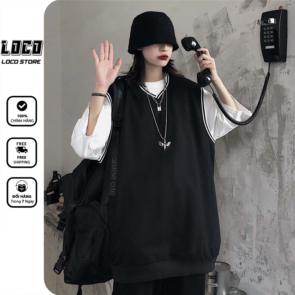 Set áo gile kèm áo phông tay lỡ Trắng unisex form rộng, thời trang oversize