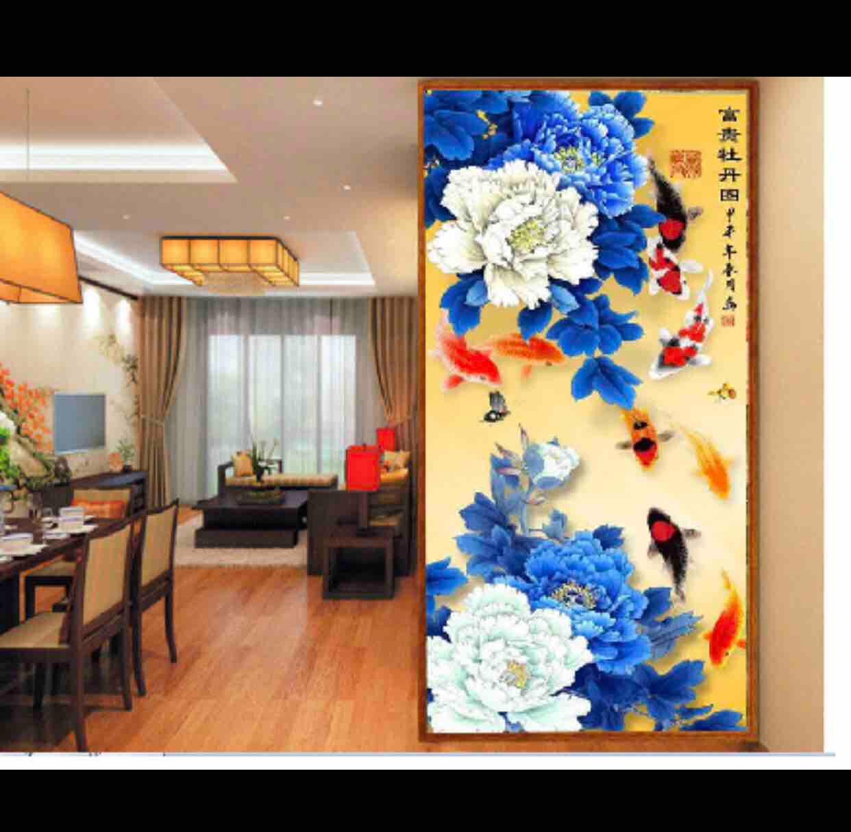 Chỉ lụa thêu kín - tranh thêu chữ thập cửu ngư quần hội kt 80x180cm chưa thêu