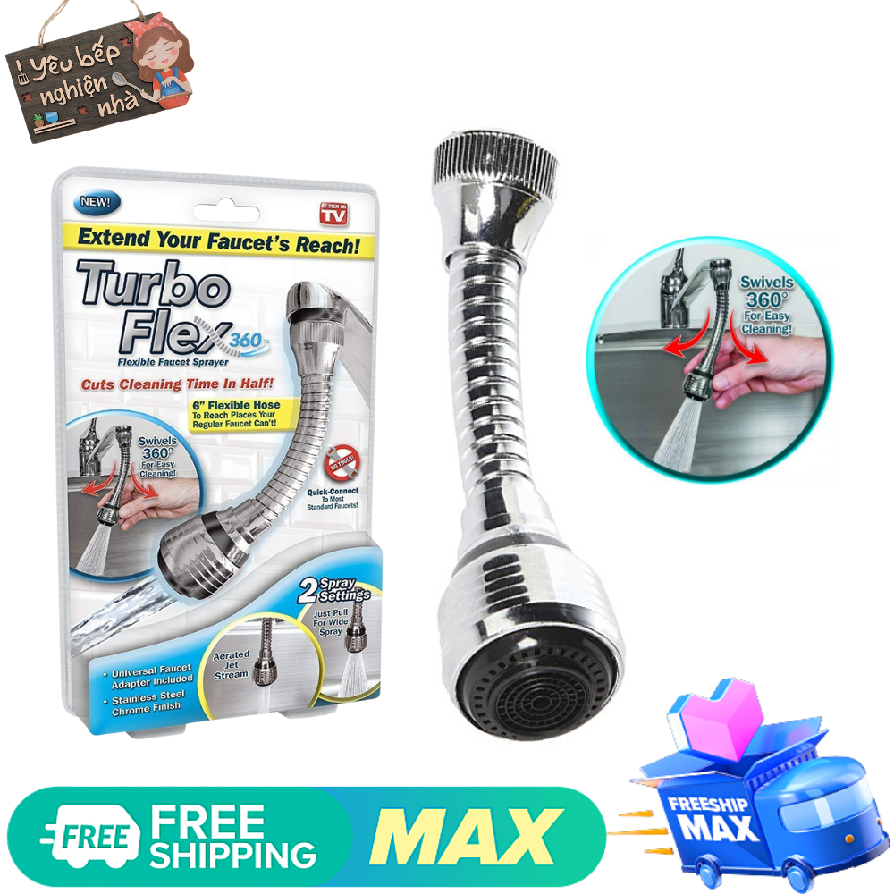 ầu vòi rửa chén tăng áp TURBO FLEX - Đầu nối vòi rửa bát tăng áp xoay 360 độ ( HÀNG LOẠI 1 , CAO CẤP , CÓ VỈ ĐỰNG KÈM SÁCH HƯỚNG DẪN SỬ DỤNG)