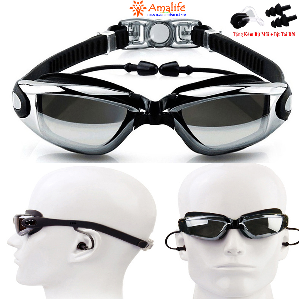 Kính Bơi Người Lớn Tráng Bạc Chống Tia UV - Chọn Màu Cao Cấp Hãng Amalife - Tặng Bịt Tai Chống Nước - Tặng Kèm Bịt Mũi Chống Nước