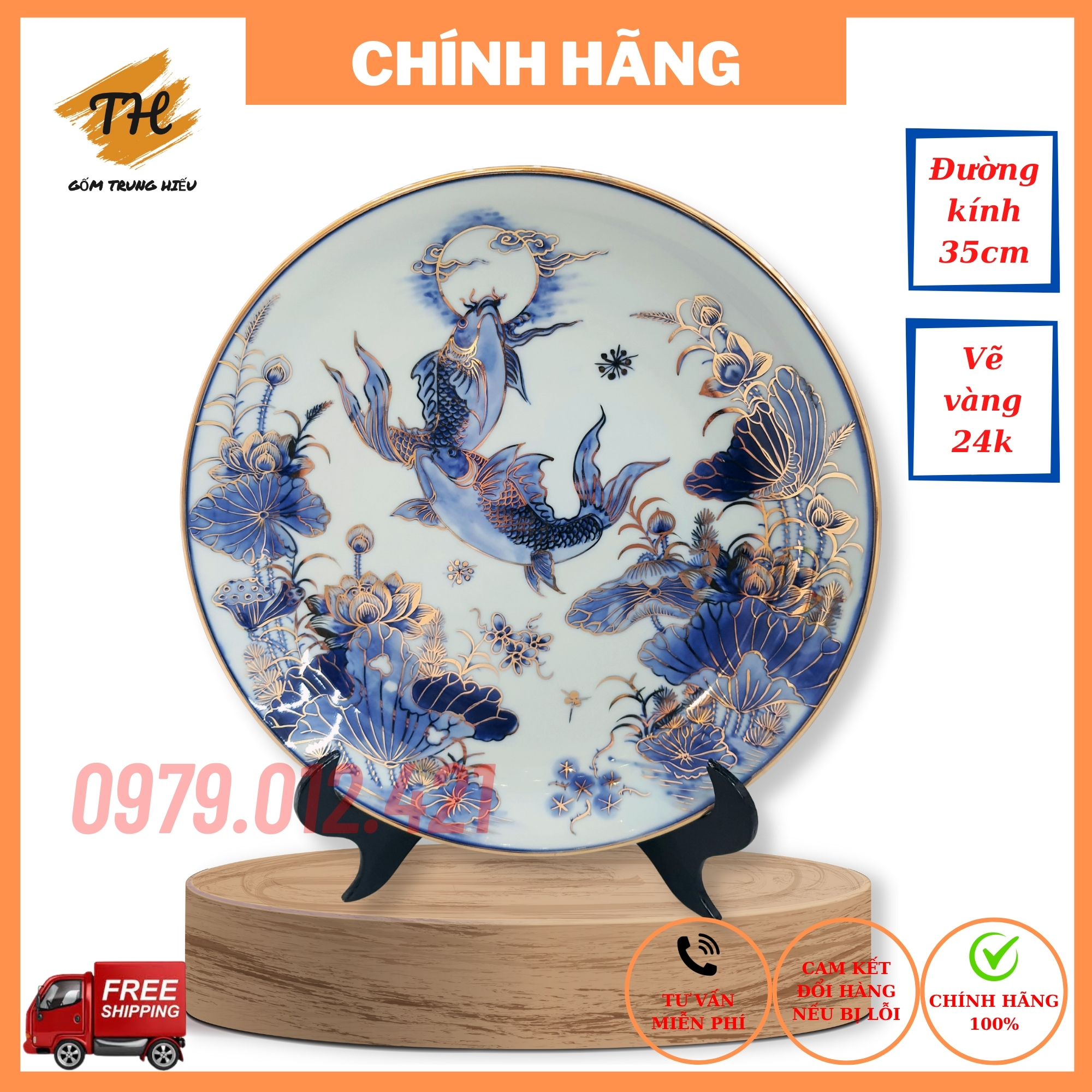 FREESHIP - Đĩa cảnh Bát Tràng Cá chép trông trăng 35cm vẽ vàng 24k cao cấp