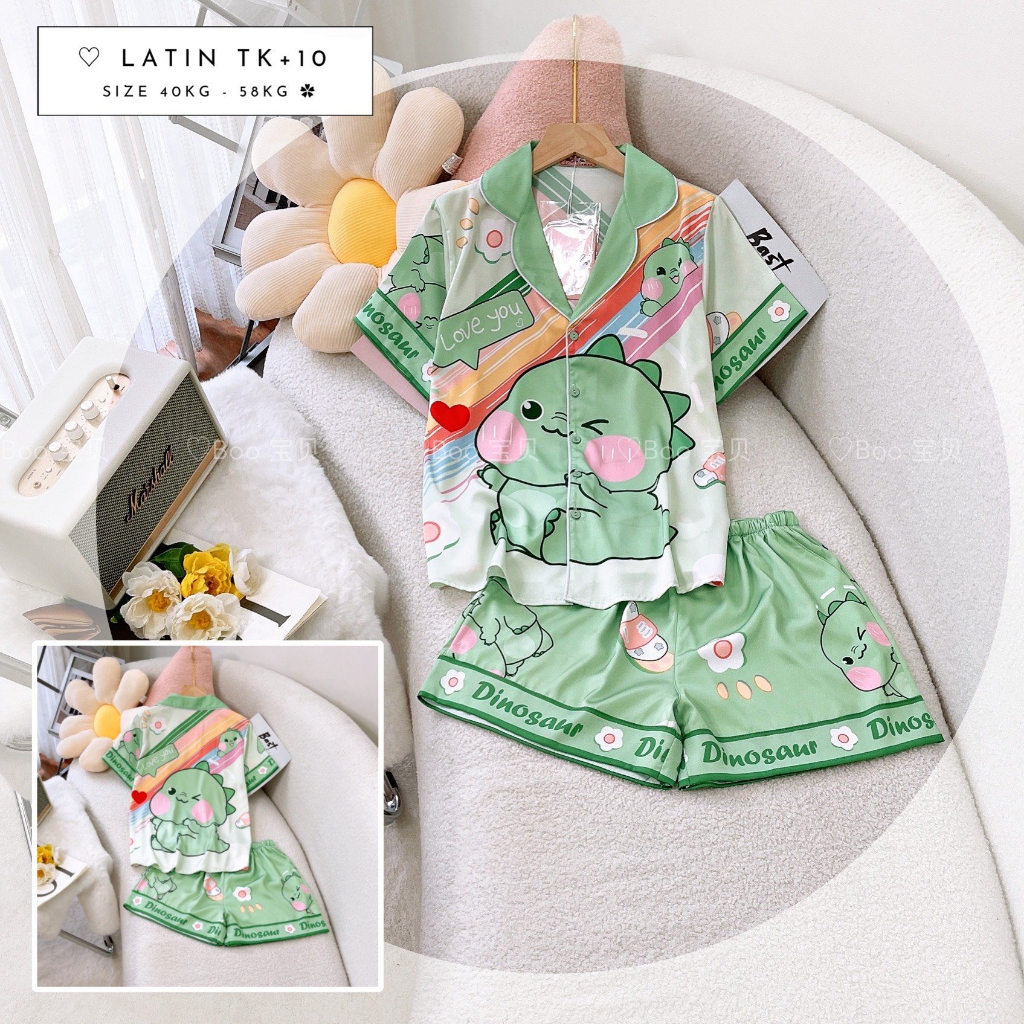 Pijama boo boo lụa latin cao cấp họa tiết khủng long xanh lá 40-58kg