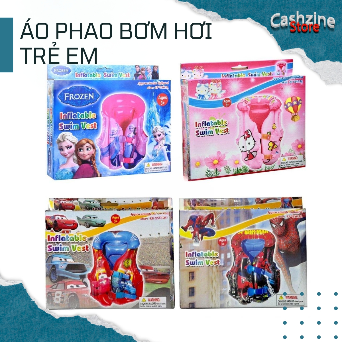 Áo phao bơi bơm hơi cho bé trai bé gái 10-30 kg (2-10 tuổi) nhiều màu sắc hình hoạt hình dễ thương bắt mắt