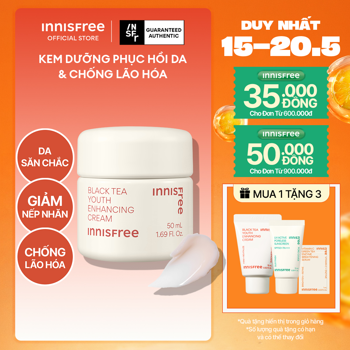 Kem dưỡng da ban đêm ngăn ngừa lão hóa từ trà đen INNISFREE Black Tea Enhancing Cream 50 mL