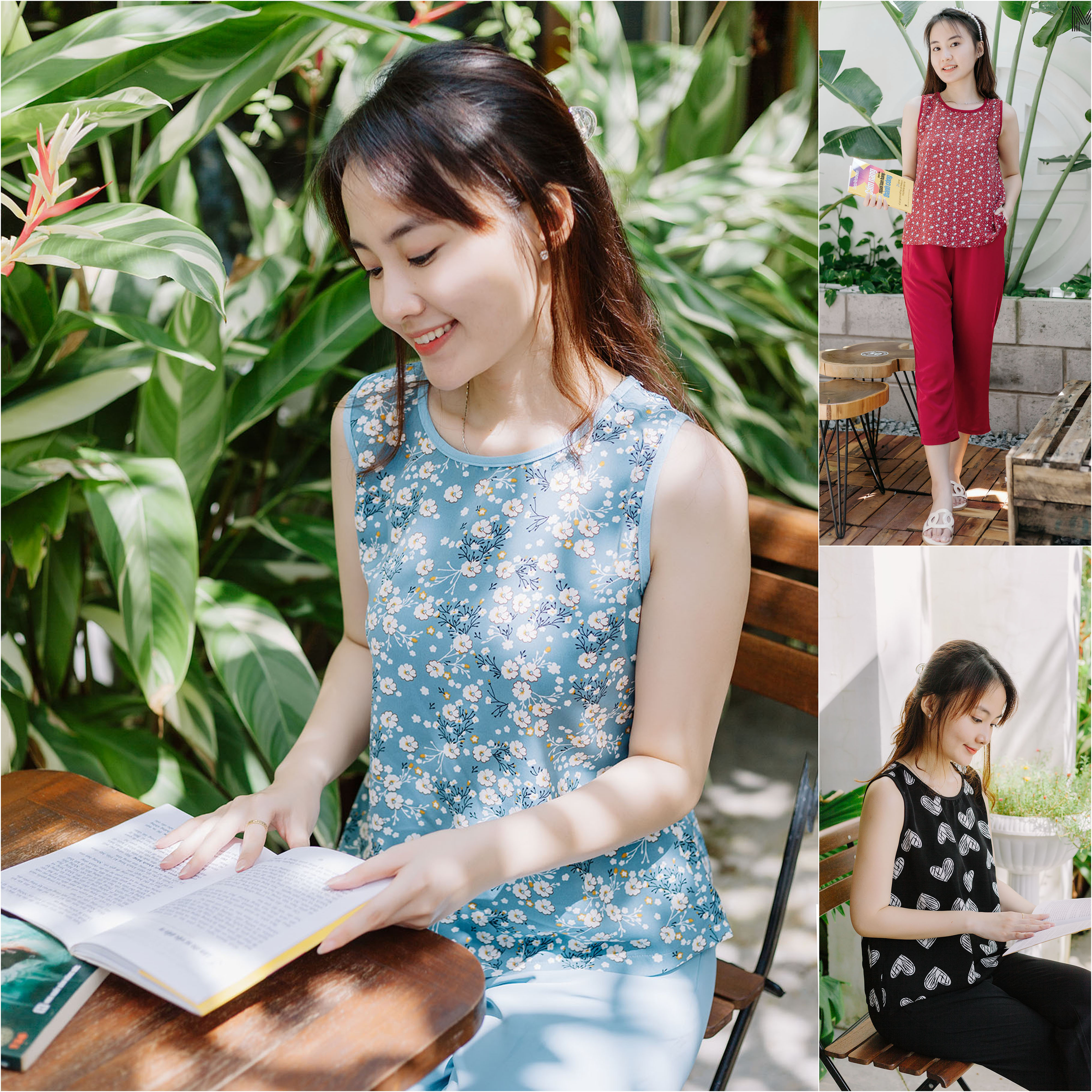 Đồ mặc nhà MÂY áo hoa sát nách quần dài lụa lạnh Hàn Quốc