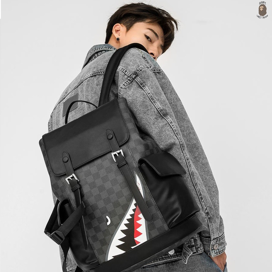Balo Spray Ground phong cách Bape Shark màu đen, chất liệu da cao cấp vr2 Bape VN