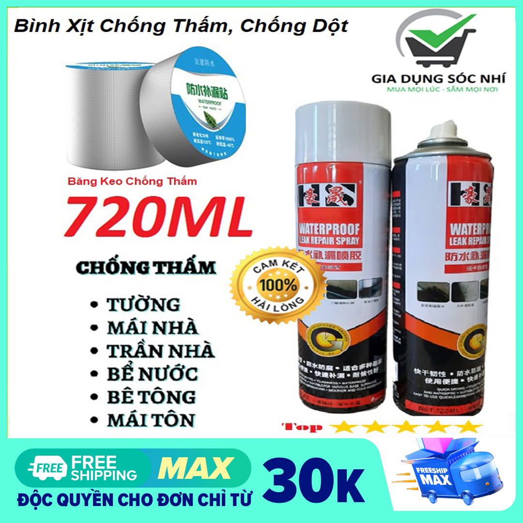 Bình xịt sơn chống thấm tường đa năng Bixuan 720ml, chống thấm trần nhà, chống thấm mái nhà, chống thấm dột, chống thấm nhà tắm, sơn keo chống thấm, chống thấm sân thượng tốt hơn băng keo chống thấm, keo xịt binder