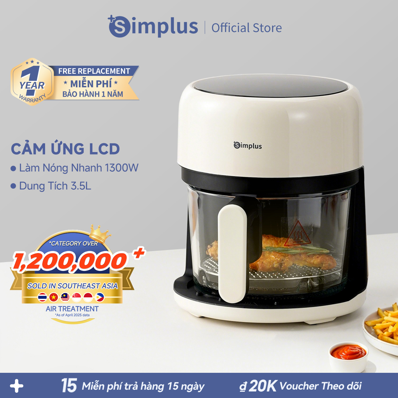 Simplus Nồi chiên không dầu Mẫu mới Gia dụng Cửa sổ trong suốt toàn cảnh Dung tích 3.5L Bản cảm ứng Đa chức năng Nồi chiên bằng điện thông minh- Bảo hành 1 năm 1 đổi 1