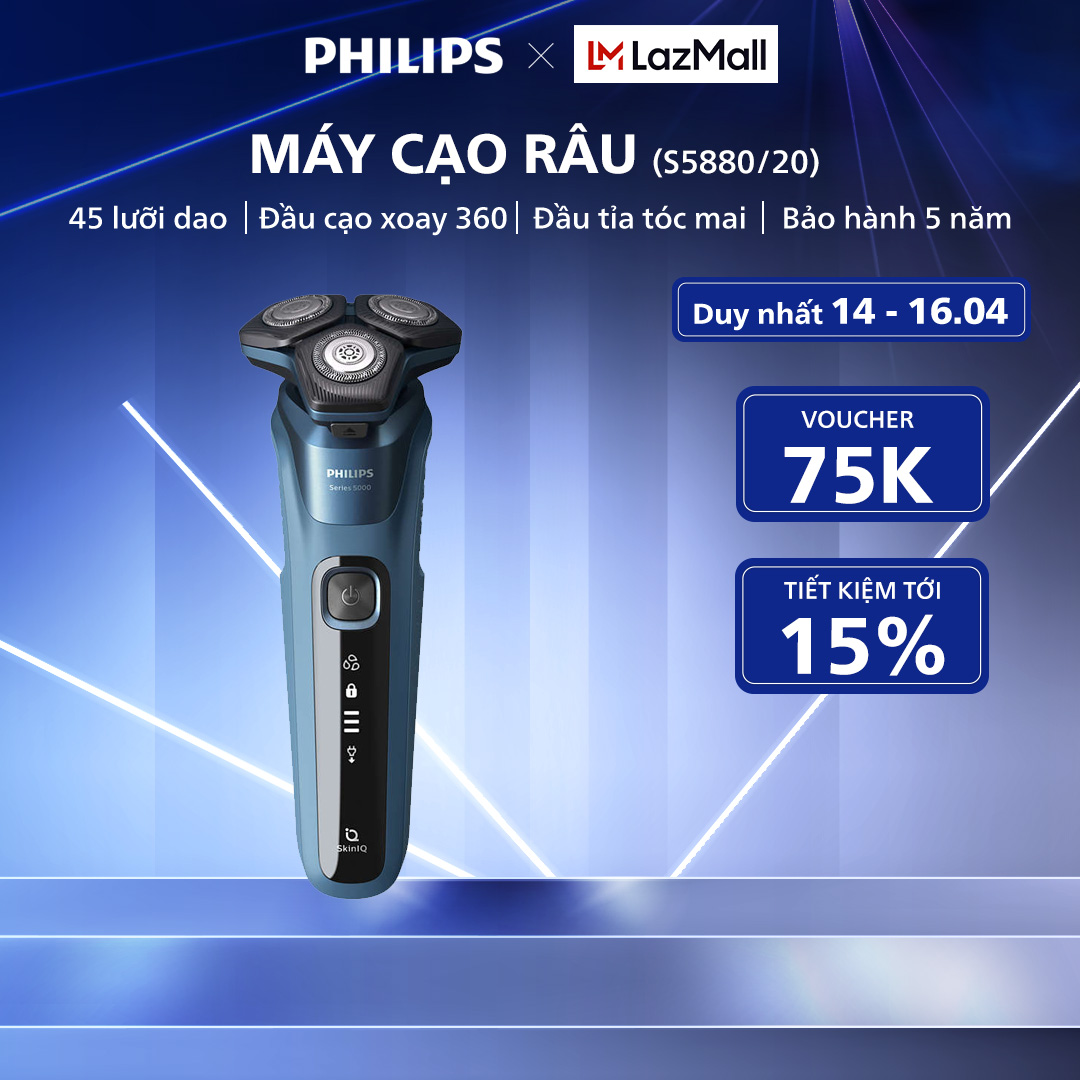 Máy Cạo Râu Khô và Ướt PHILIPS S5880/20, Đầu Cạo Linh Hoạt 360 độ, Tích Hợp Đầu Tỉa Tóc Mai, Bảo Hành 2 Năm