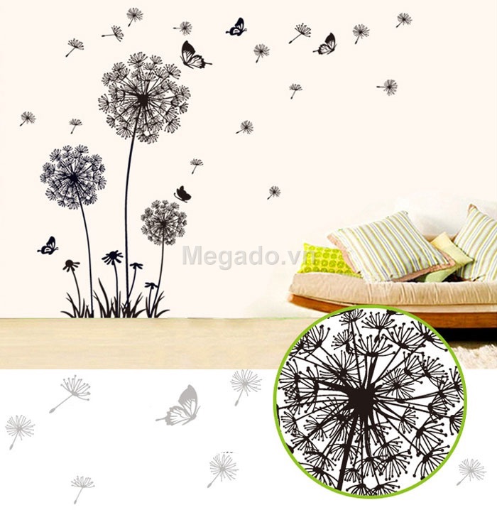 Decal tranh dán tường Hoa bồ công anh đen trắng