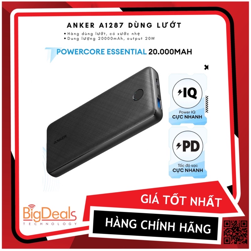 Sạc dự phòng anker a1287 essential 20.000 mah, 20w pd, qua sử dụng, bigdeals vn