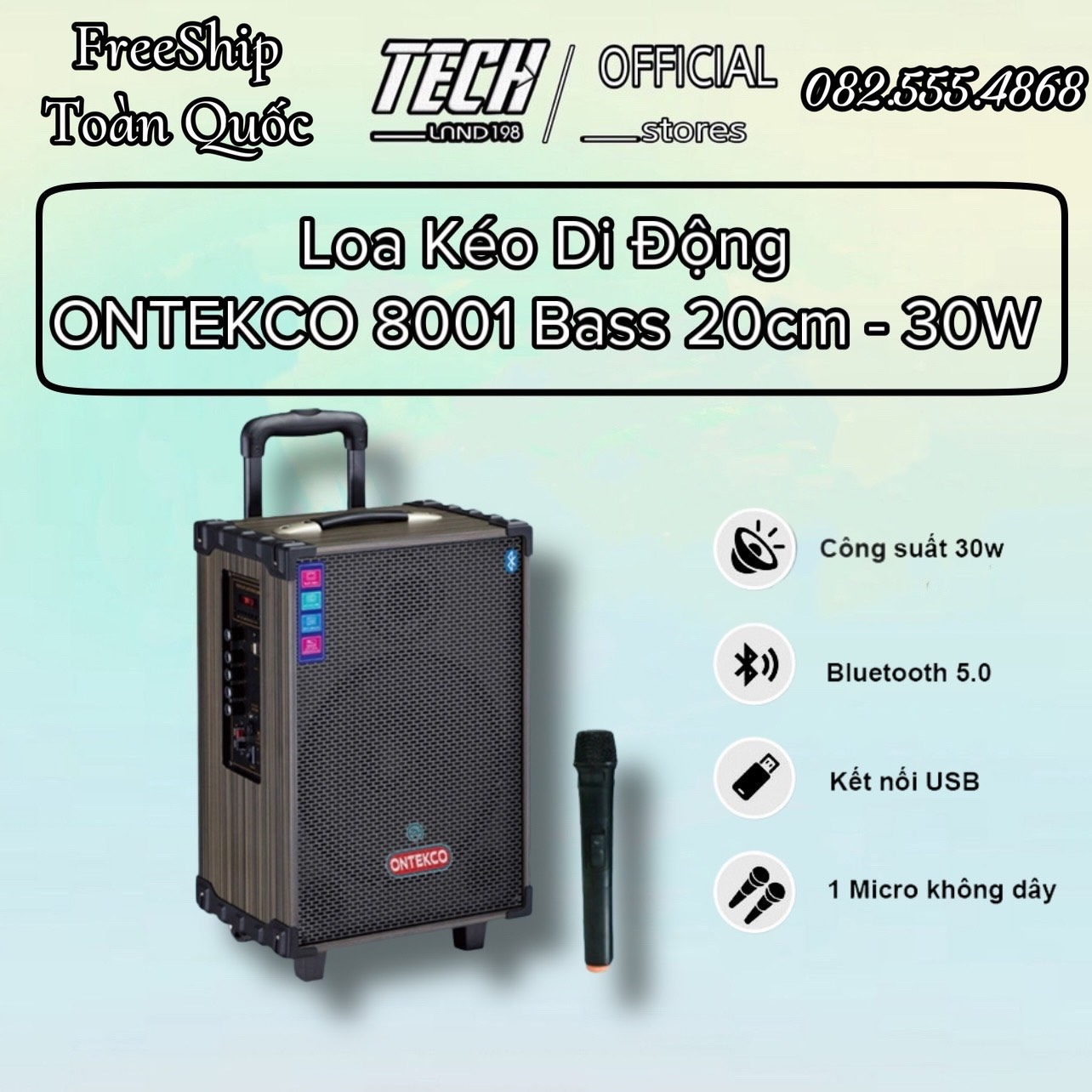 Trọn bộ Loa kéo di động Ontekco 8001 blutooth -Tặng kèm 1 mic karaoke không dây- Gọn nhẹ dễ dàng mang theo mọi nơi