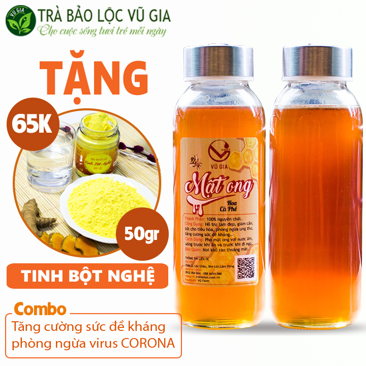 Mật Ong Hoa Cà Phê Nguyên Cao Cấp Chất Bảo Lộc Vũ Gia (420gr/hũ) - Tặng Tinh Bột Nghệ Nguyên Chất (50g/túi) - Hỗ trợ tiêu hóa, đắp mặt nạ dưỡng da xóa mờ mụn thâm nám, tăng cường sức đề kháng  - Đã được kiểm nghiệm