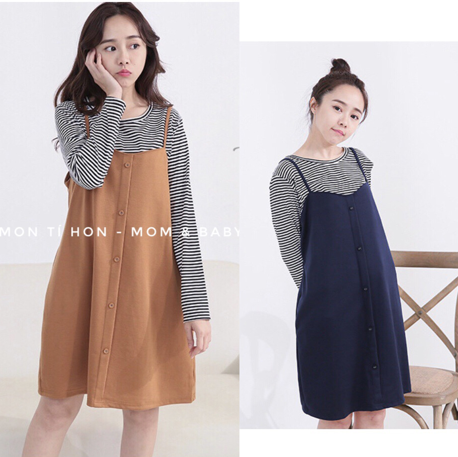 Đầm Bầu | Set Váy yếm kèm áo bầu cho con bú cotton da cá cao cấp Quảng Châu - Free size 47-68kg