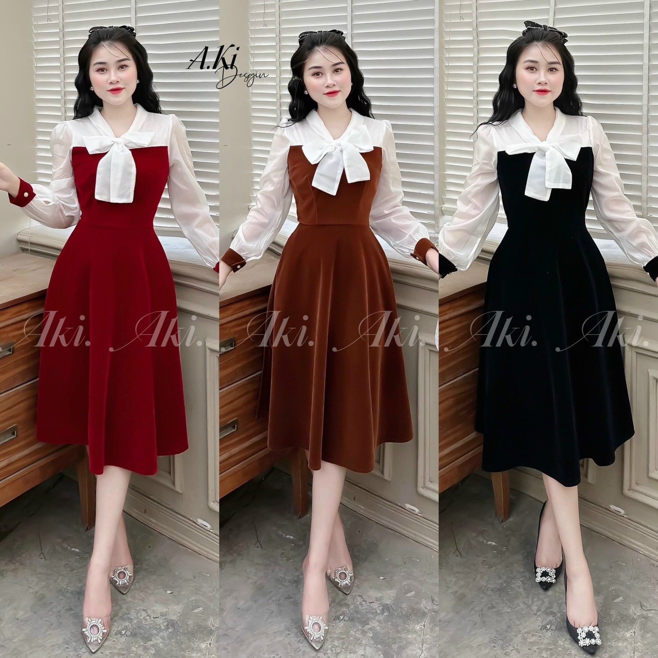 HOÀN TIỀN MAX - Đầm thời trang nữ mặc đi chơi chất nhung cứng cổ cột nơ trắng tay dài phối đen có 3 màu xinh dễ lựa