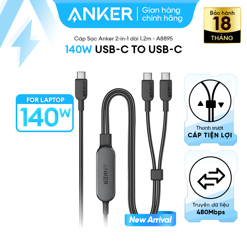 Cáp sạc nhanh Anker (2 trong 1) 140W USB-Type C to Type C | Chất liệu Nylon Dù chống đứt gãy dài 1.2m - A8895