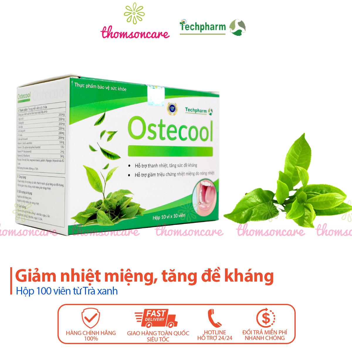 Viên uống Giảm nhiệt miệng Ostecool Hộp 100 viên từ Vitamin PP, trà xanh, rutin và thảo dược
