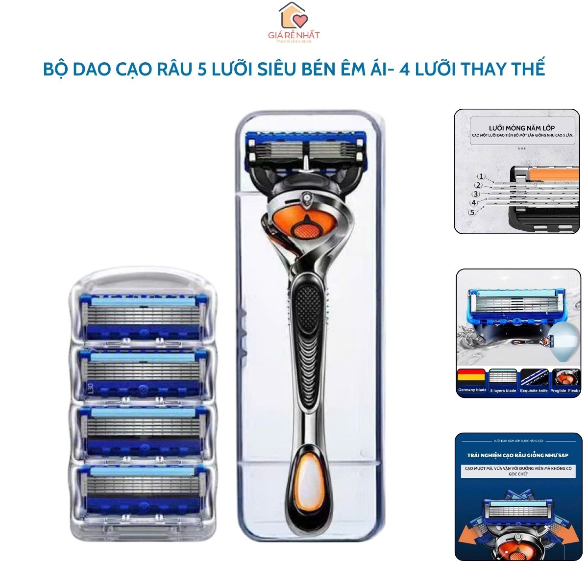 Bộ Dao Cạo Râu 5 Lưỡi Gió Ân Dao Cạo Sắc Bén Êm Ái, Phù Phợp Mọi Loại Da, Có 4 Đầu Thay Thế Tiện Lợi