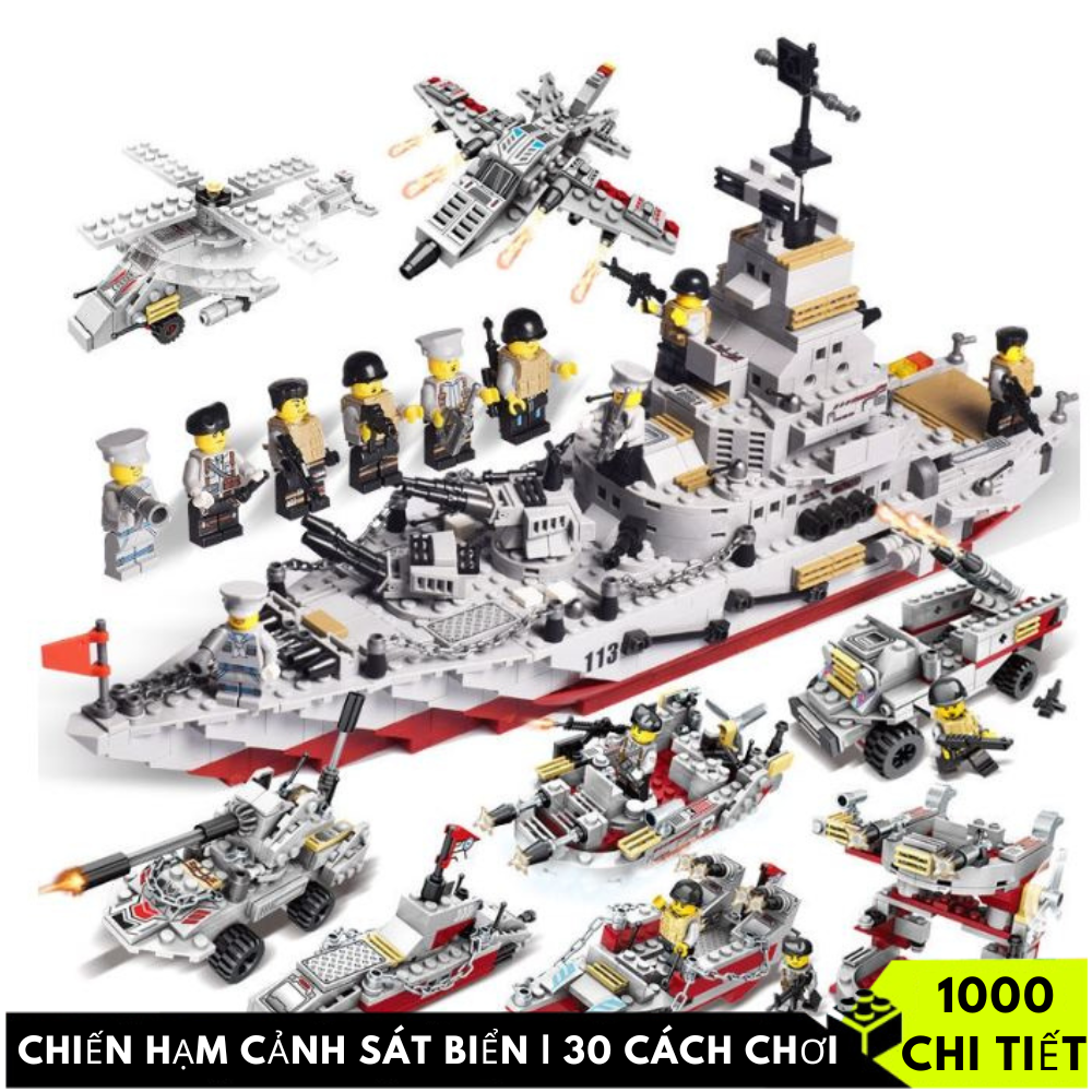 1000 CHI TIẾT Bộ Đồ Chơi Xếp Hình Chiến Hạm, ROBOT, Máy Bay, ,Tàu Chiến , Kích thước tàu 45 cm