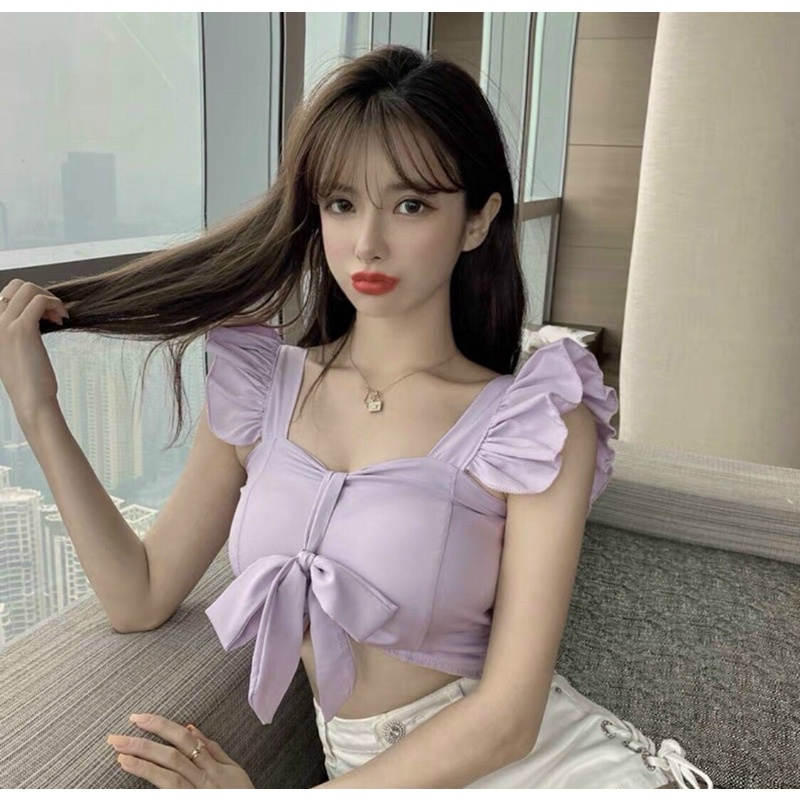Áo croptop cánh tiên có mod ngực cực xinh a25 / áo kiểu nữ vai viền bèo thắt nơ ngực dễ thương