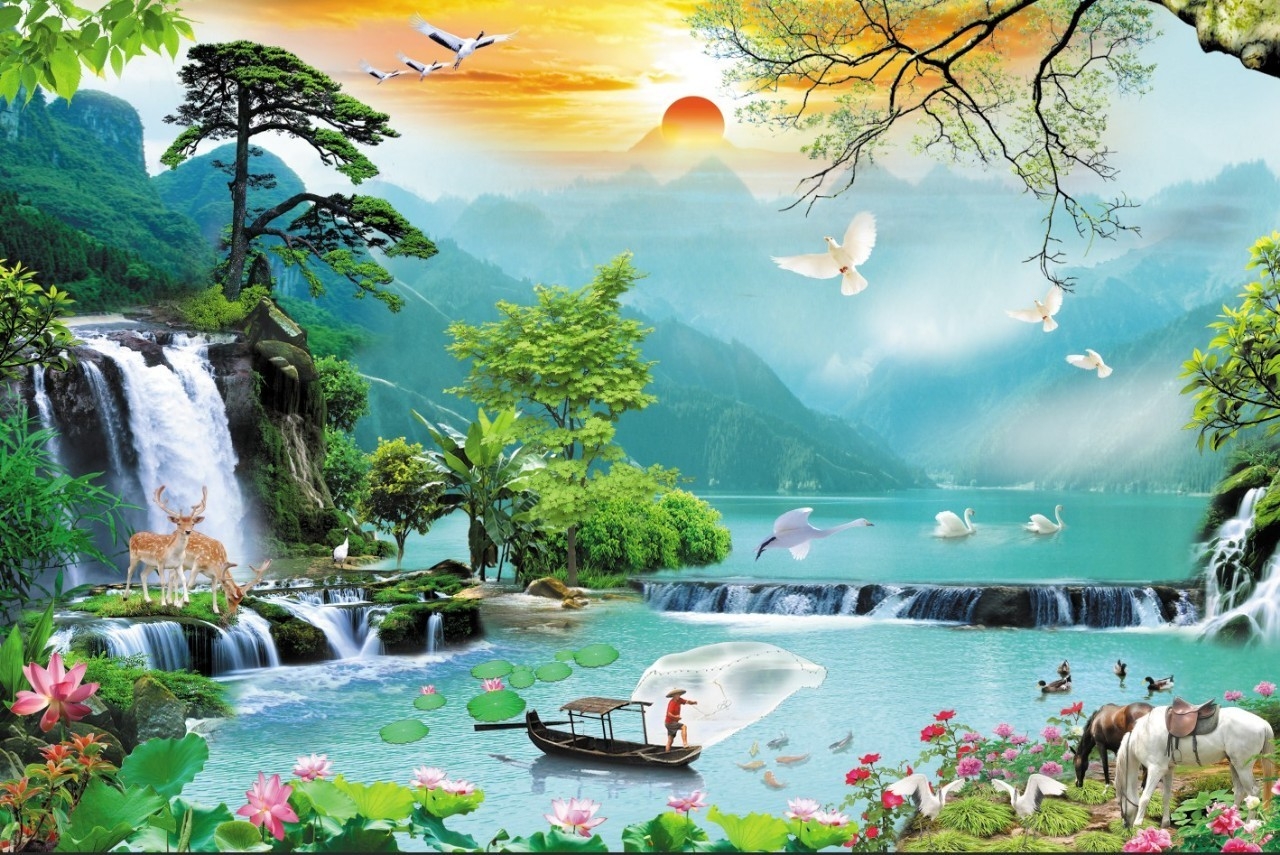Tranh 3D Sơn Thủy Hữu Tình dán tường phòng khách, phòng làm việc