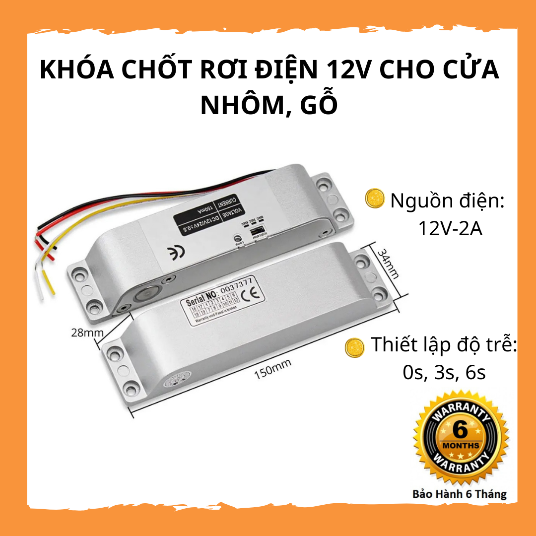 Khóa chốt rơi 12v, chốt khóa điện từ gắn cửa gỗ, nhôm, nhựa, khóa thường mở, độ trễ 0s, 3s, 6s