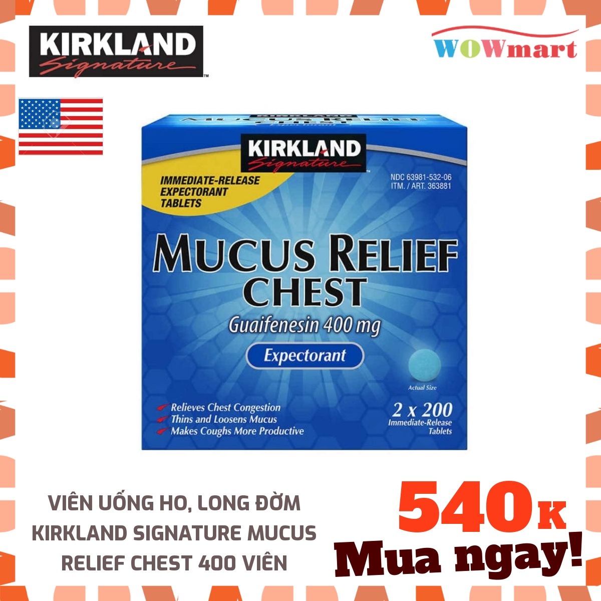 Viên uống ho, long đờm Kirkland Signature Mucus Relief Chest 400 viên - [MỸ]