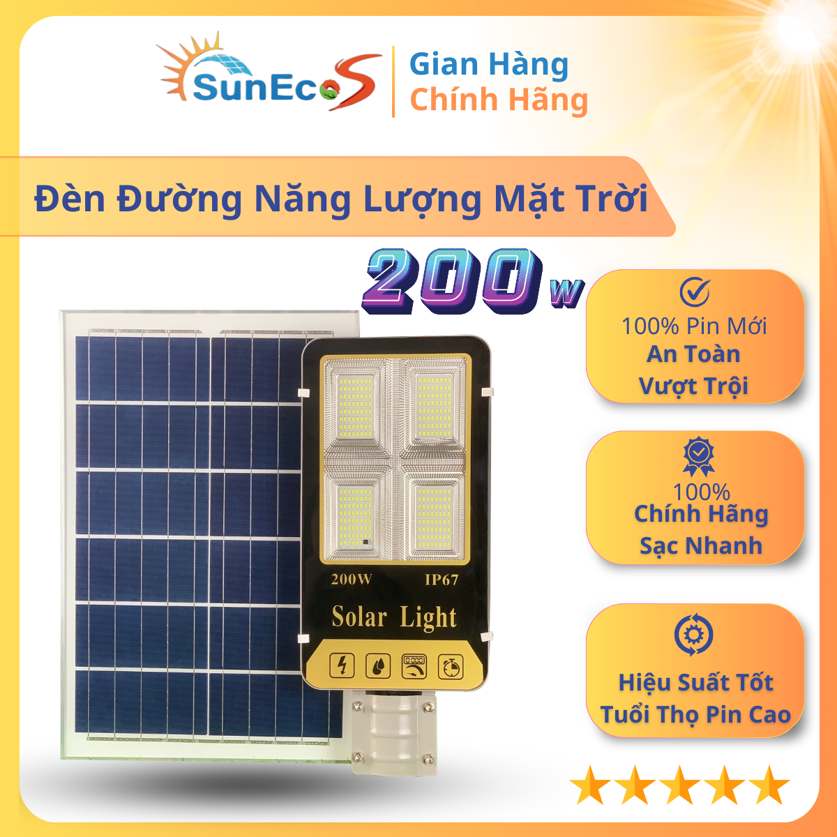 [QUÀ 50K] Đèn Đường Năng Lượng Mặt Trời 200W SUNECO, Đèn Bàn Chải Đèn Cao Áp Năng Lượng Mặt Trời Pin Mới 100% Có Cảm Biến Ánh Sáng Bảo Hành 24 Tháng