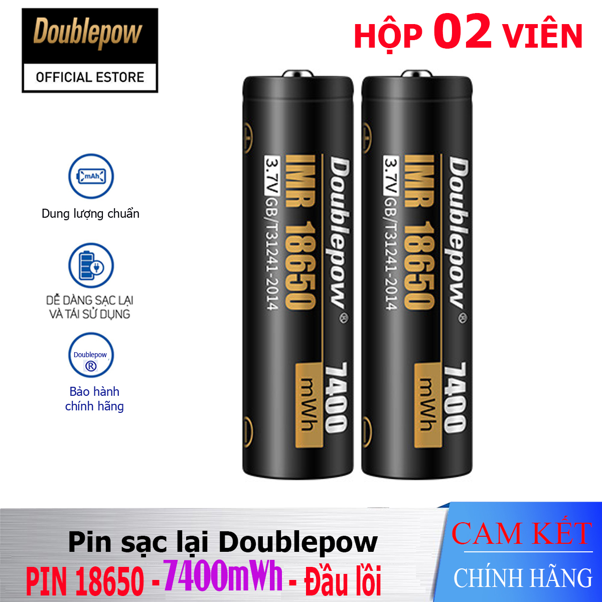 [Hộp 02 viên] Pin sạc Lithium 18650 - 7400mWh đầu lồi Doublepow, pin dung lượng thực