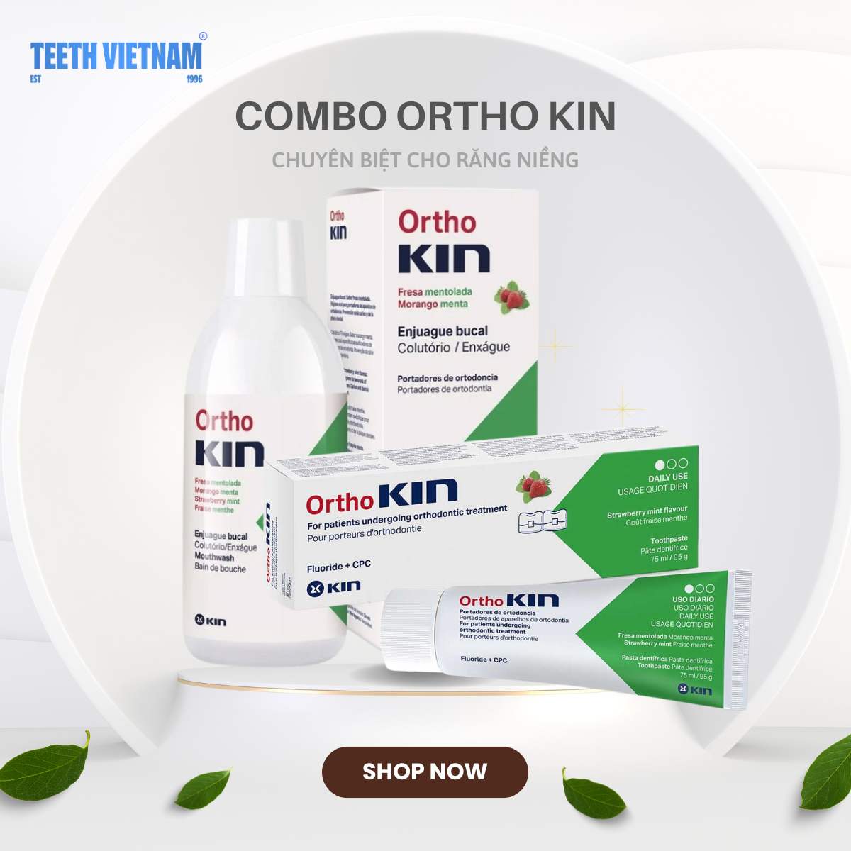 Combo nước súc miệng kem đánh răng ortho kin cho răng niềng, chỉnh nha 500ml/75ml