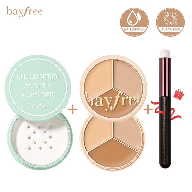 Bayfree 3PCS Face Makeup Set Oil-control Matte Loose Powder + Cream Correcting Concealer Palette+Brush Waterproof Long-Lasting