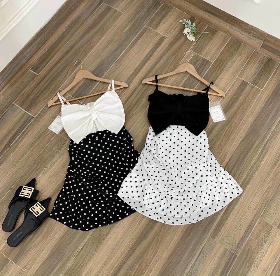 [HCM]Set váy áo hai dây đính nơ kèm chân váy chấm bi siêu xinh