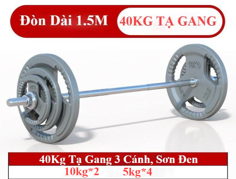 Bộ 40kg Tạ Gang + 1 Đòn Dài 1m5 (2 Miếng 10Kg, 4 Miếng 5Kg)