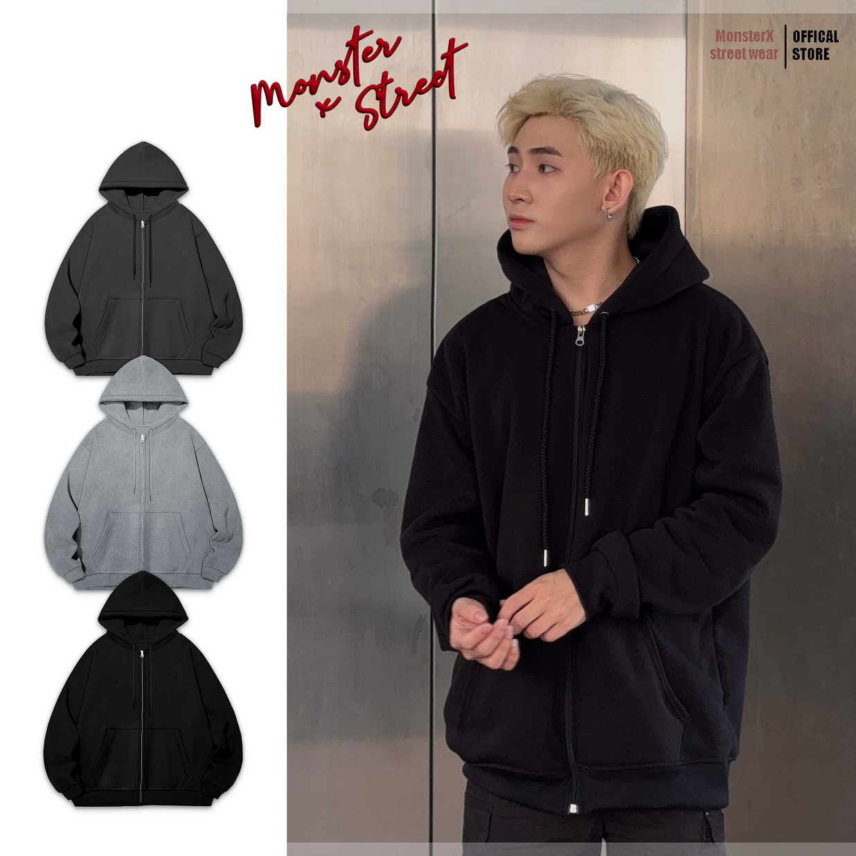  Áo Hoodie Zip Trơn Basic MONSTER X STREET Khoác Nỉ Mũ Kéo Khóa Basic Nỉ Bông Cotton Unisex nam nữ Local Brand 