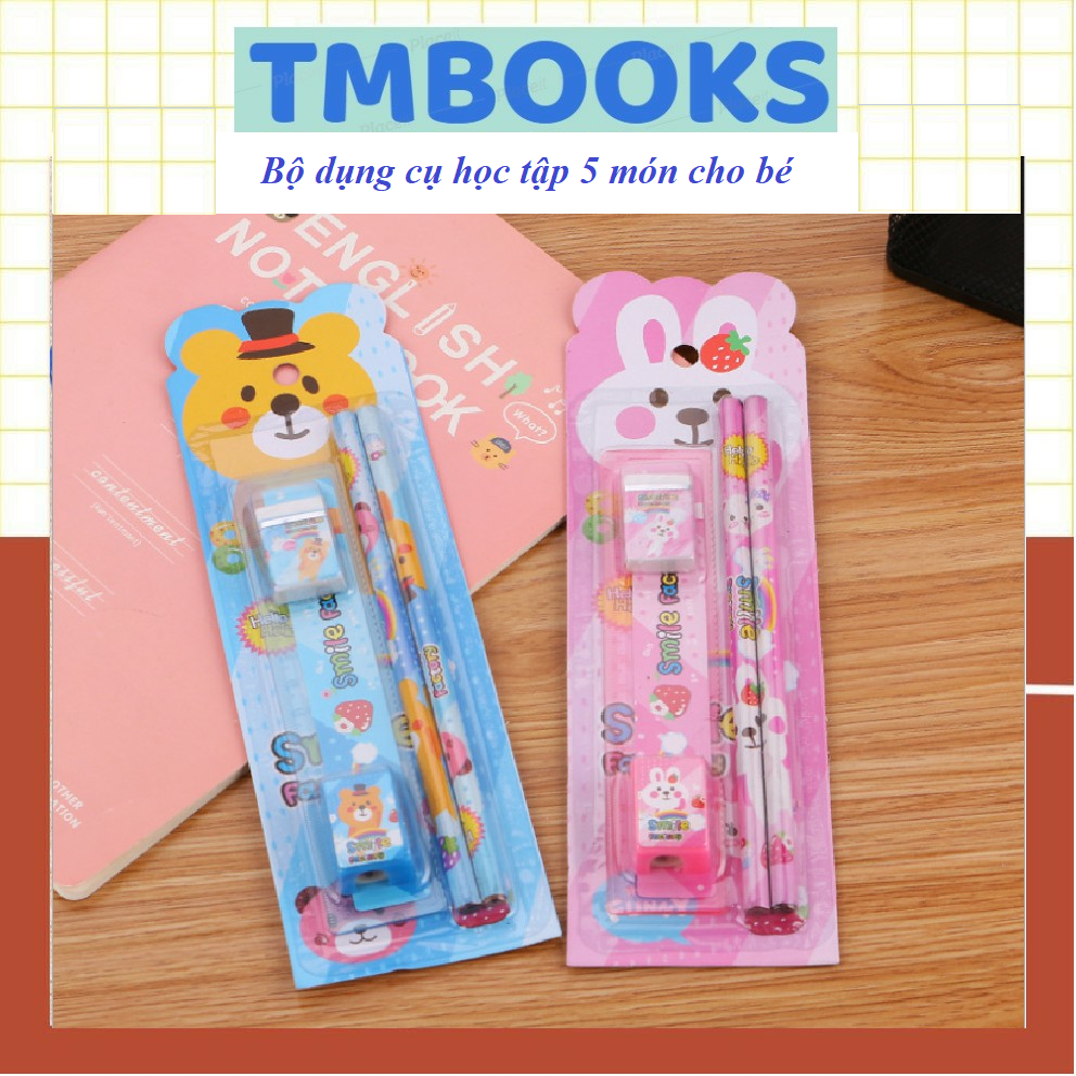 Bộ dụng cụ học tập 5 món, bút chì tẩy ,gôm, thước kẻ, gọt,sét 5 món quà cho bé , học sinh, sinh viên
