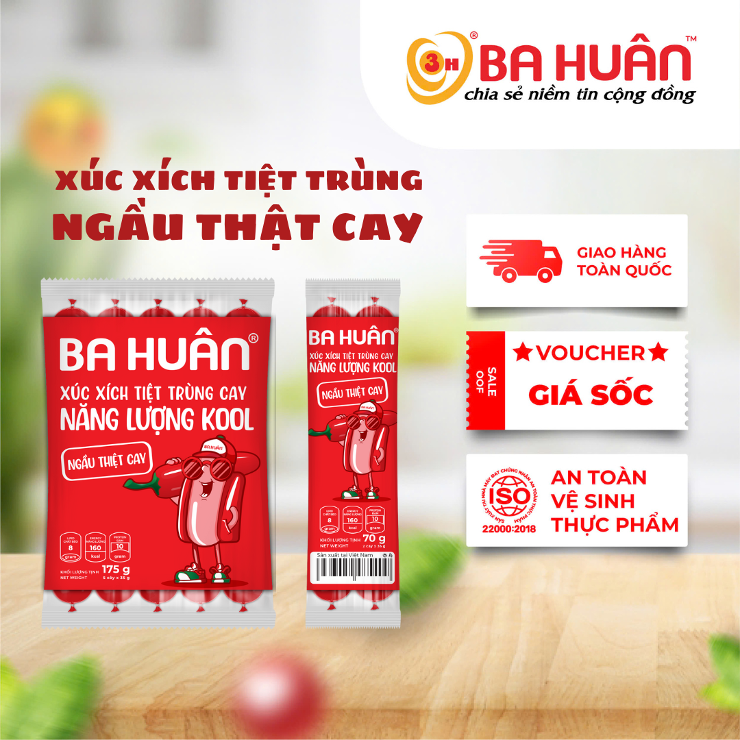 Xúc xích tiệt trùng Năng lượng KOOL BA HUÂN Vị cay - Gói 5 cây/2 cây tiện lợi - Gói 70g 175g