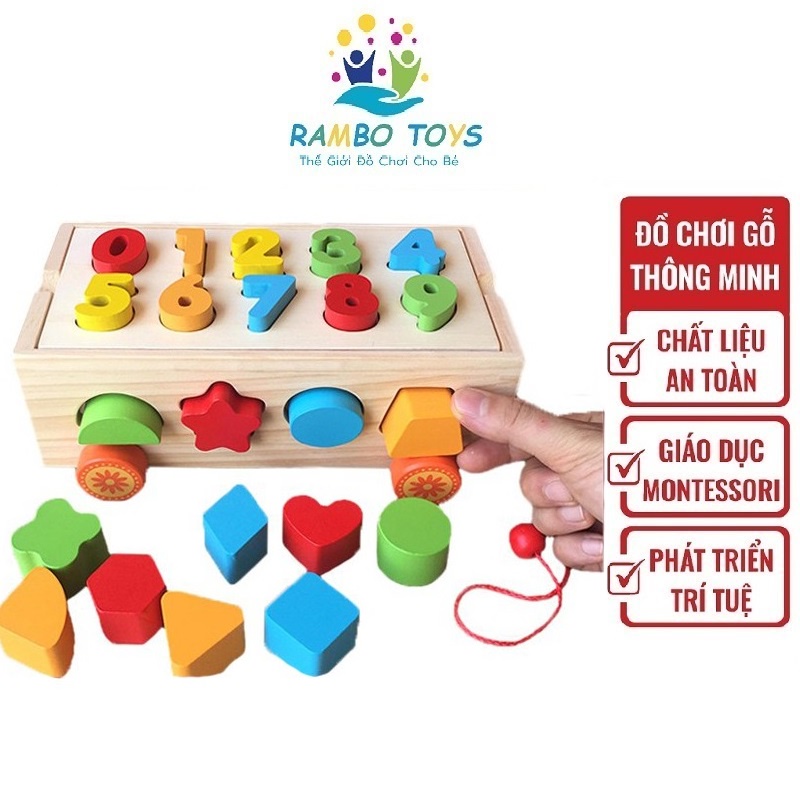 Đồ chơi xe kéo thả số hình, đồ chơi xe thả số hình gỗ thông minh giáo dục cho bé
