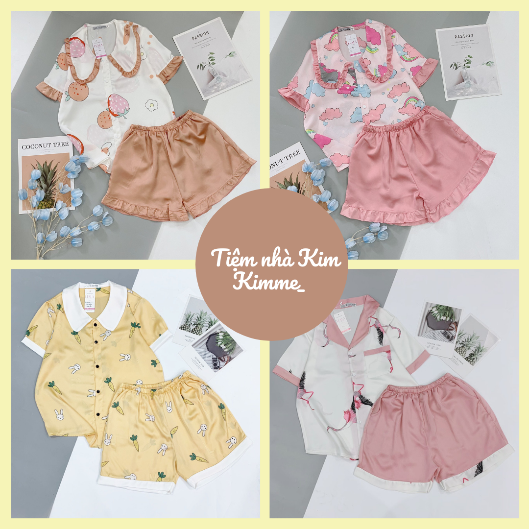 Bộ pijama lụa satin phối hàn - bộ mặc nhà cộc đùi mềm mát thoải mái