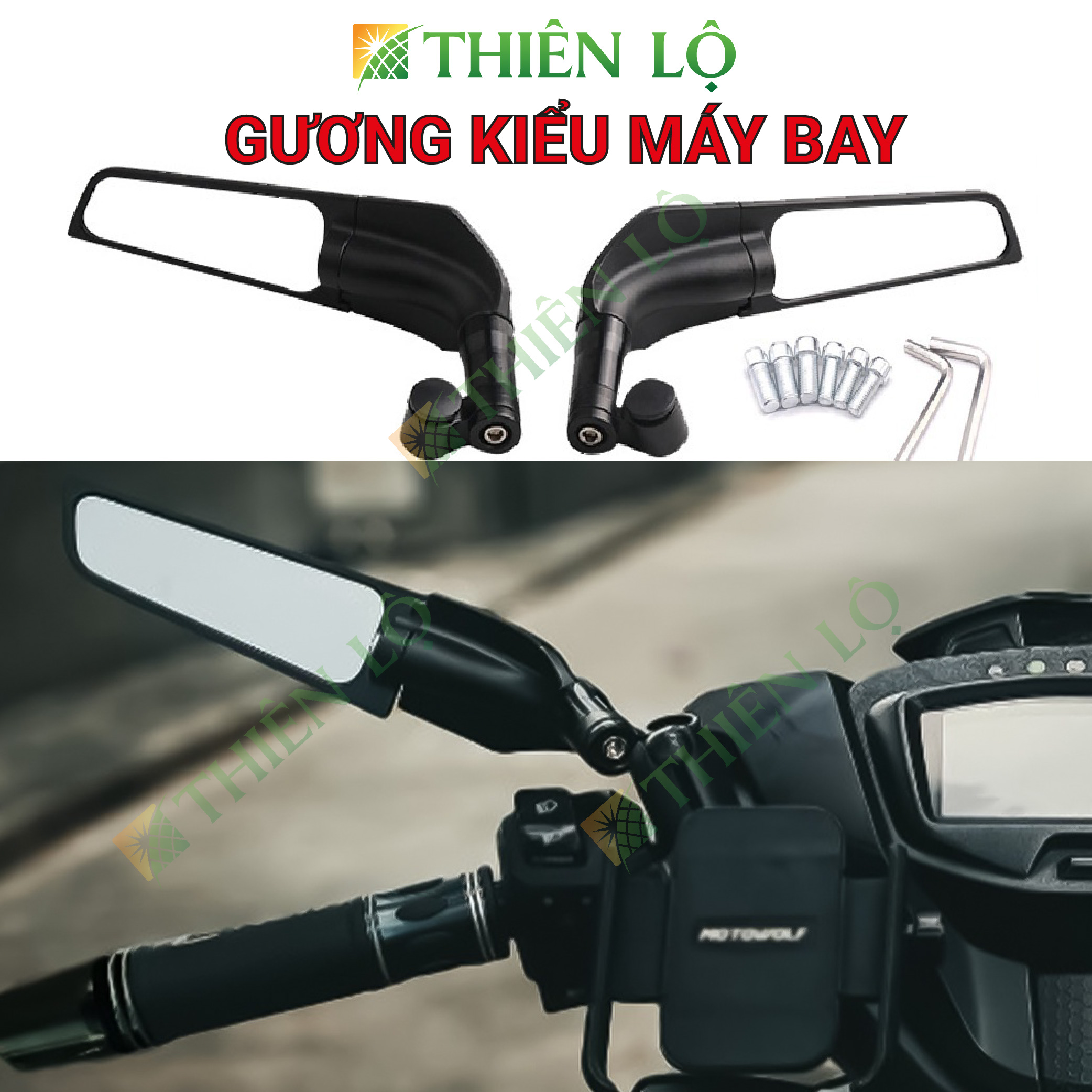  Kính Gương chiếu hậu xe máy xoay 360 độ kiểu máy bay xe HONDA YAMAHA PKL Hợp Kim Nhôm Thiên Lộ 